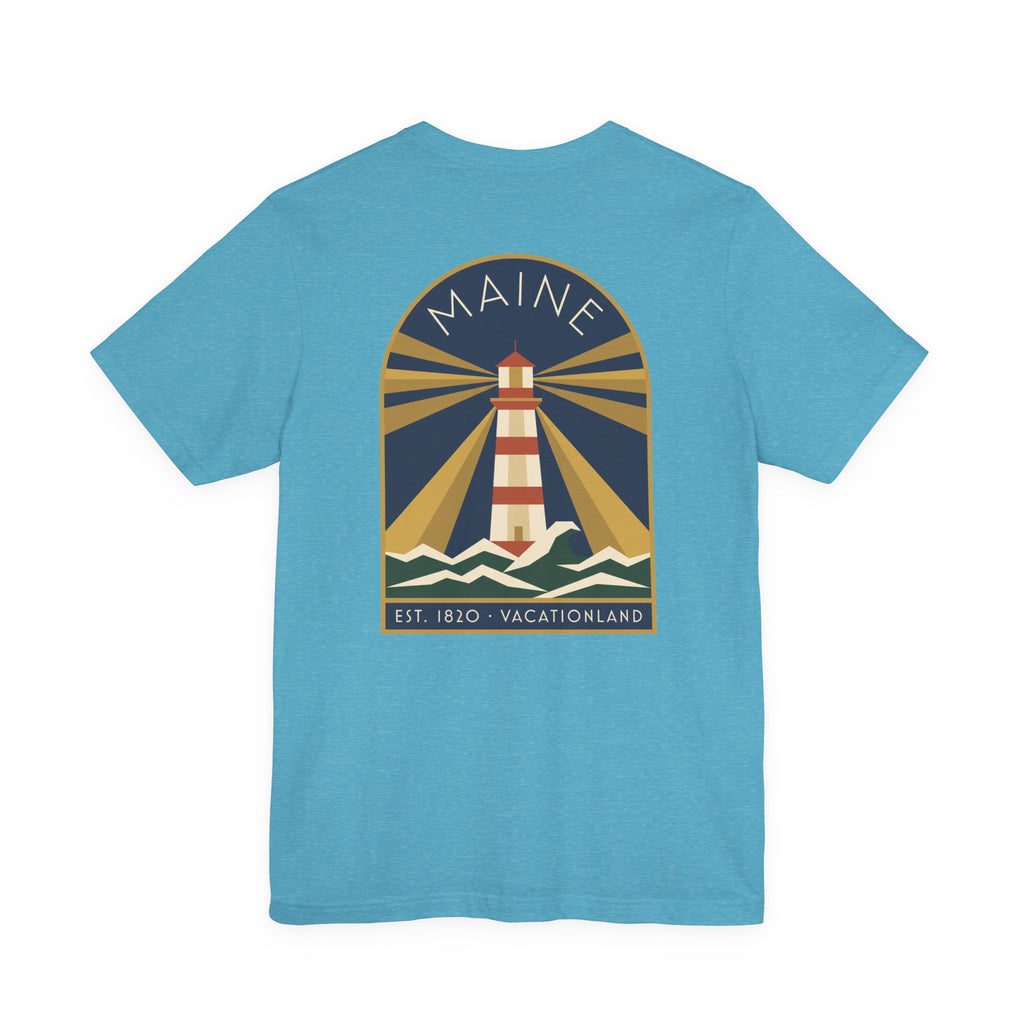 Teal crewneck T-shirt with vintage lighthouse graphic in circular badge
