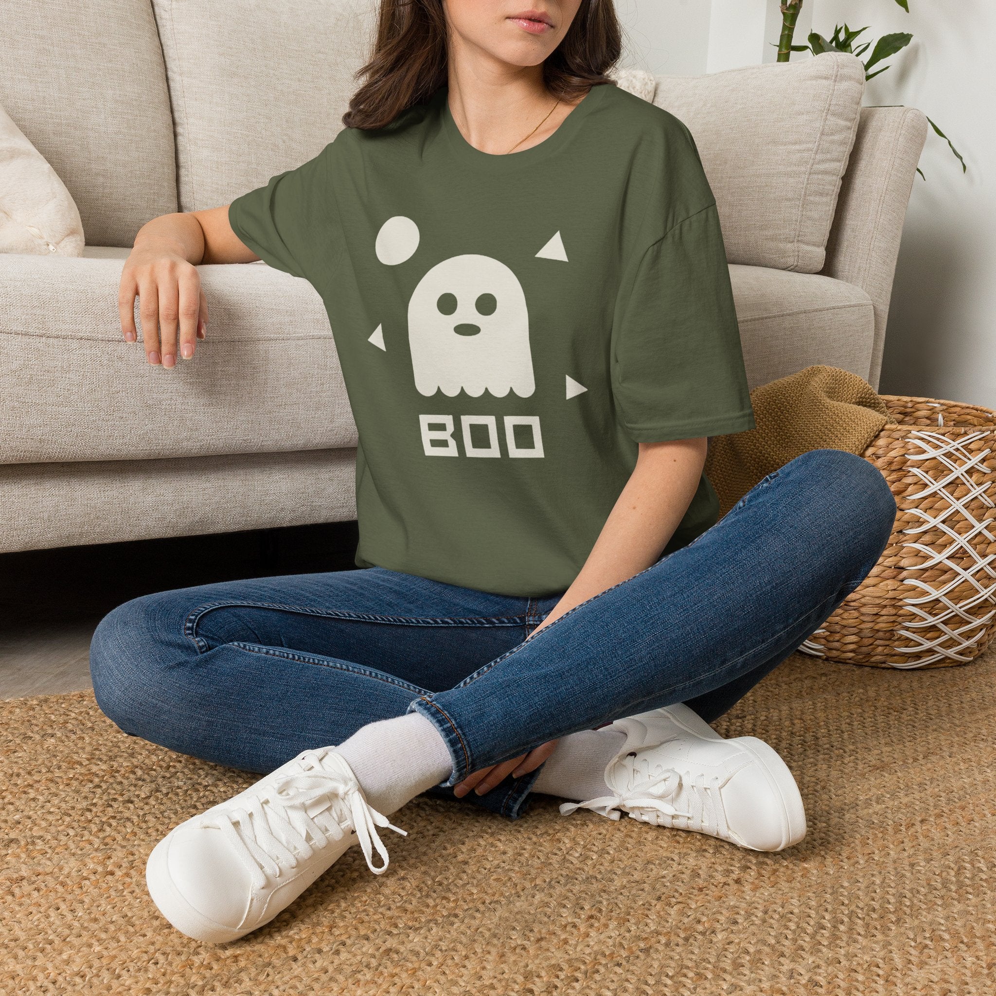 Halloween ghost graphic T-shirt, olive green with white ghost and BOO