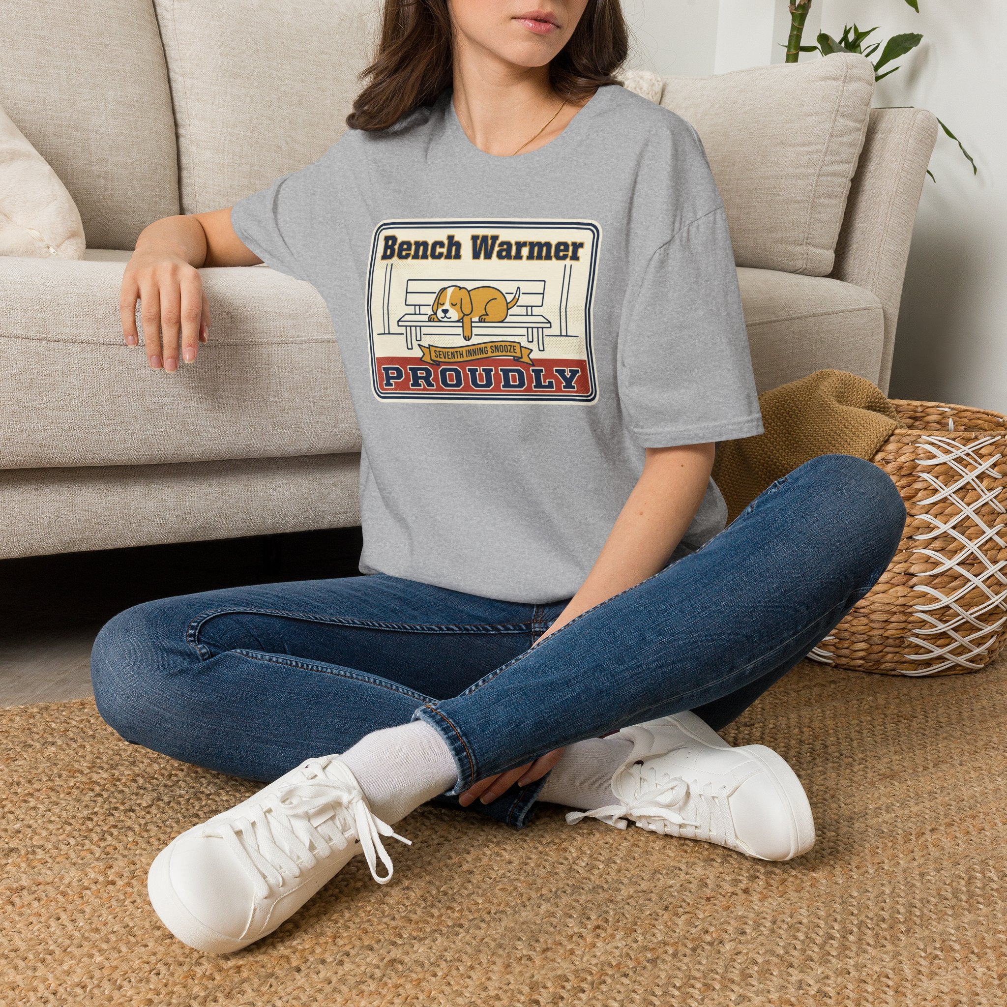 Light gray unisex T-shirt with Bench Warmer Proudly dog front graphic