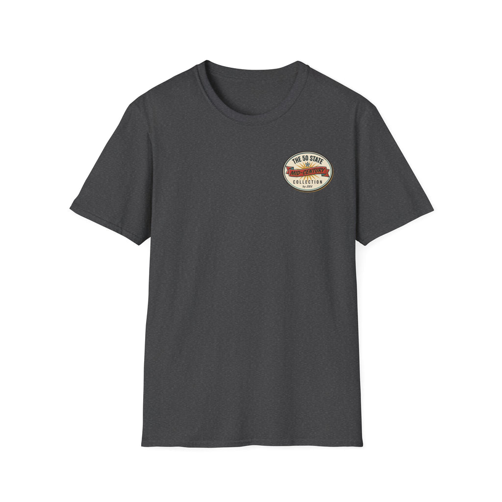 Dark gray crewneck T-shirt with small round chest logo patch.