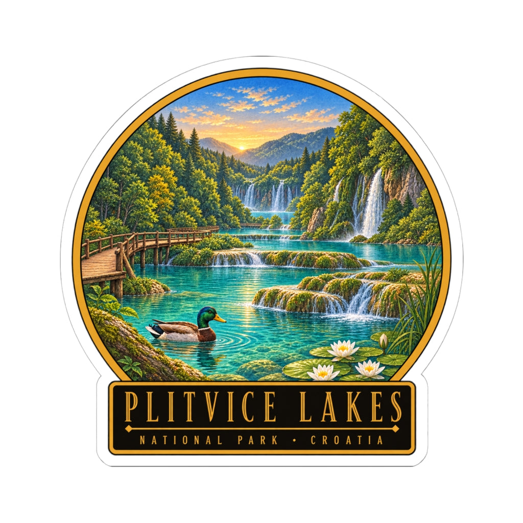 Round vinyl decal with scenic lakeside waterfalls, green forest, duck, and Plitvice Lakes badge