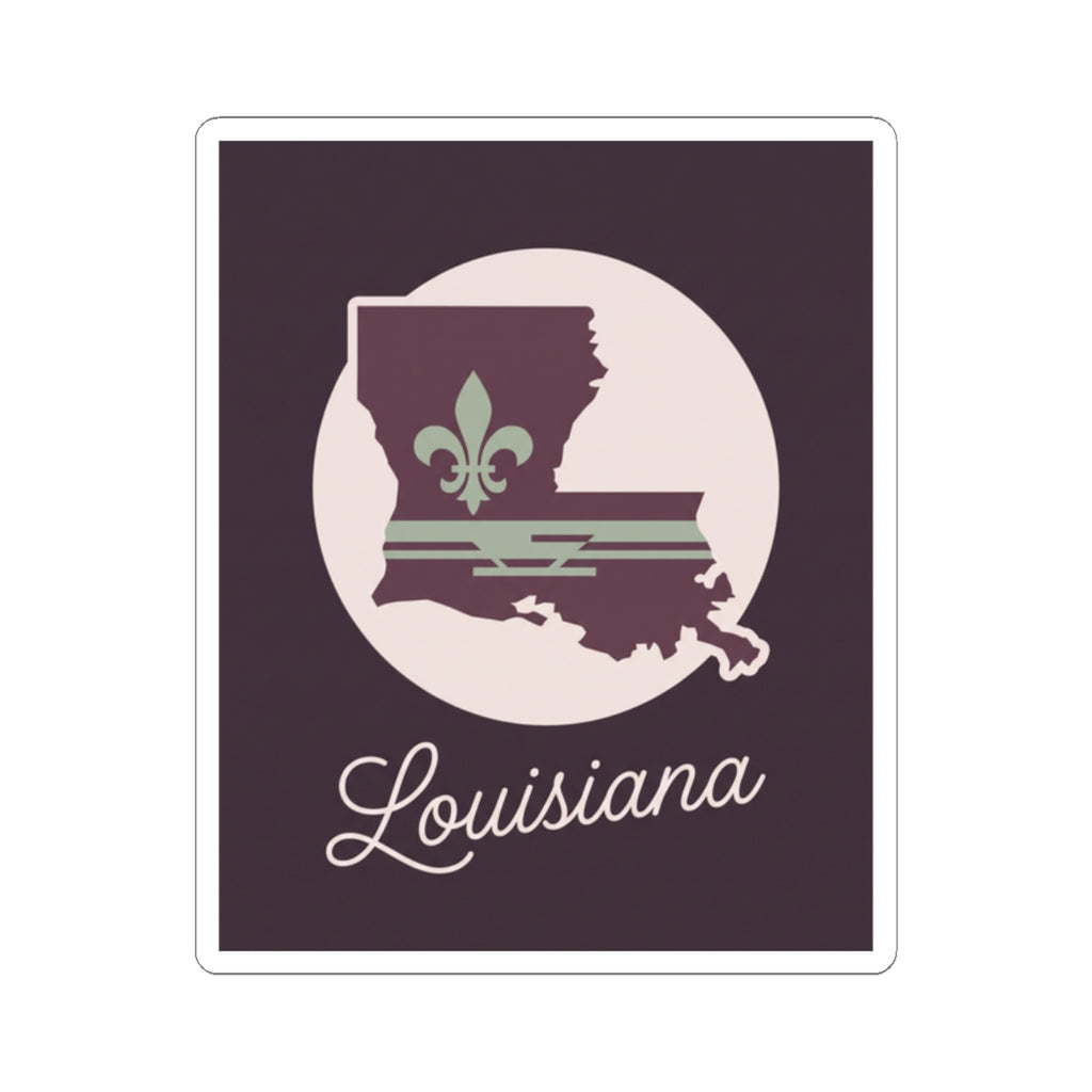 Square mauve Louisiana silhouette kiss-cut vinyl sticker with white circle and Louisiana script