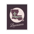 Square mauve Louisiana silhouette kiss-cut vinyl sticker with white circle and Louisiana script