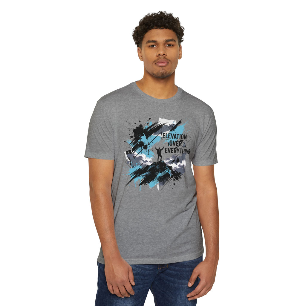 Heather gray crewneck T-shirt with mountain silhouette graphic on the front