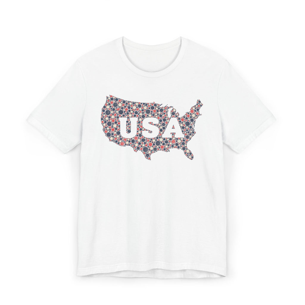 White T-shirt with colorful floral USA outline graphic and "USA" text