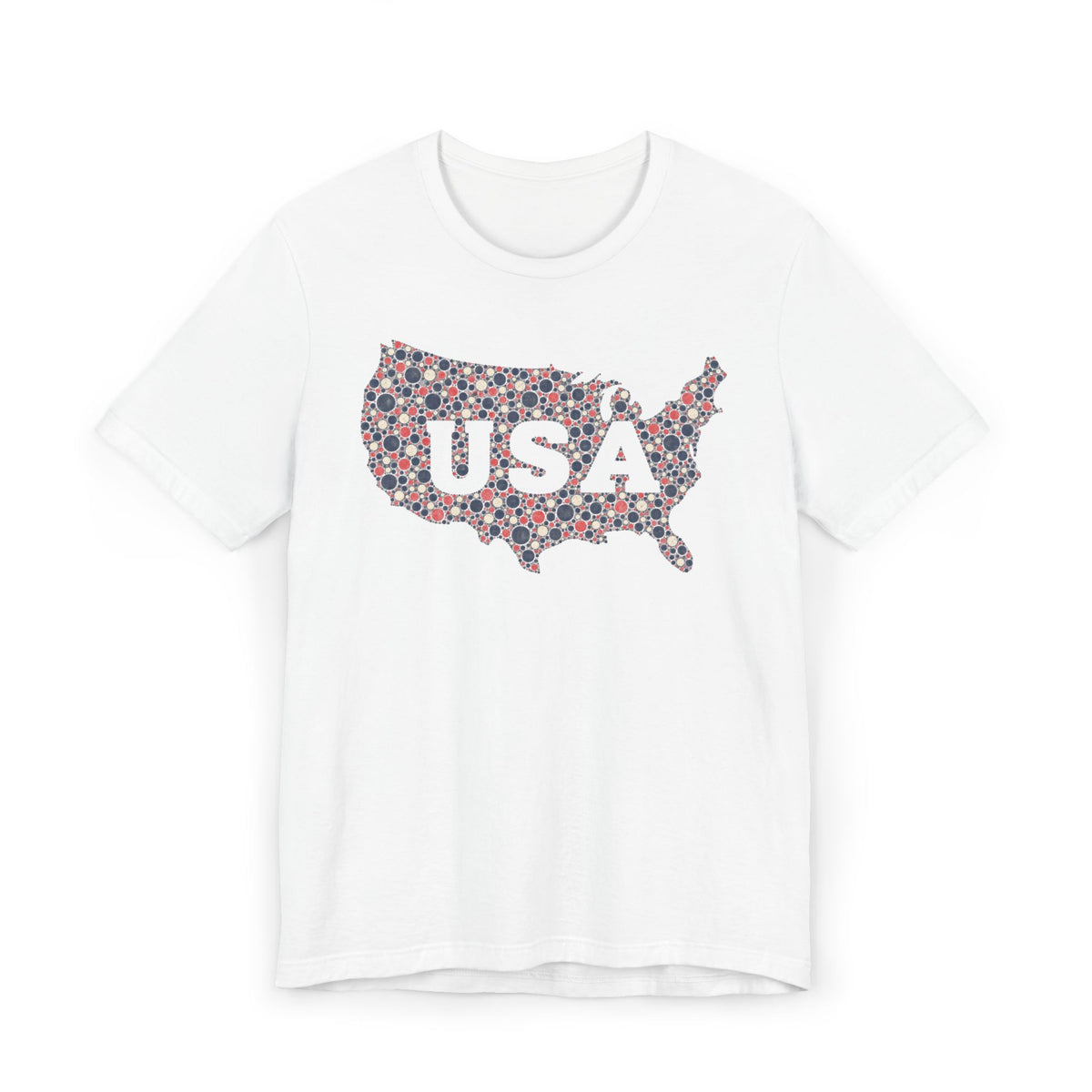 White T-shirt with colorful floral USA outline graphic and "USA" text