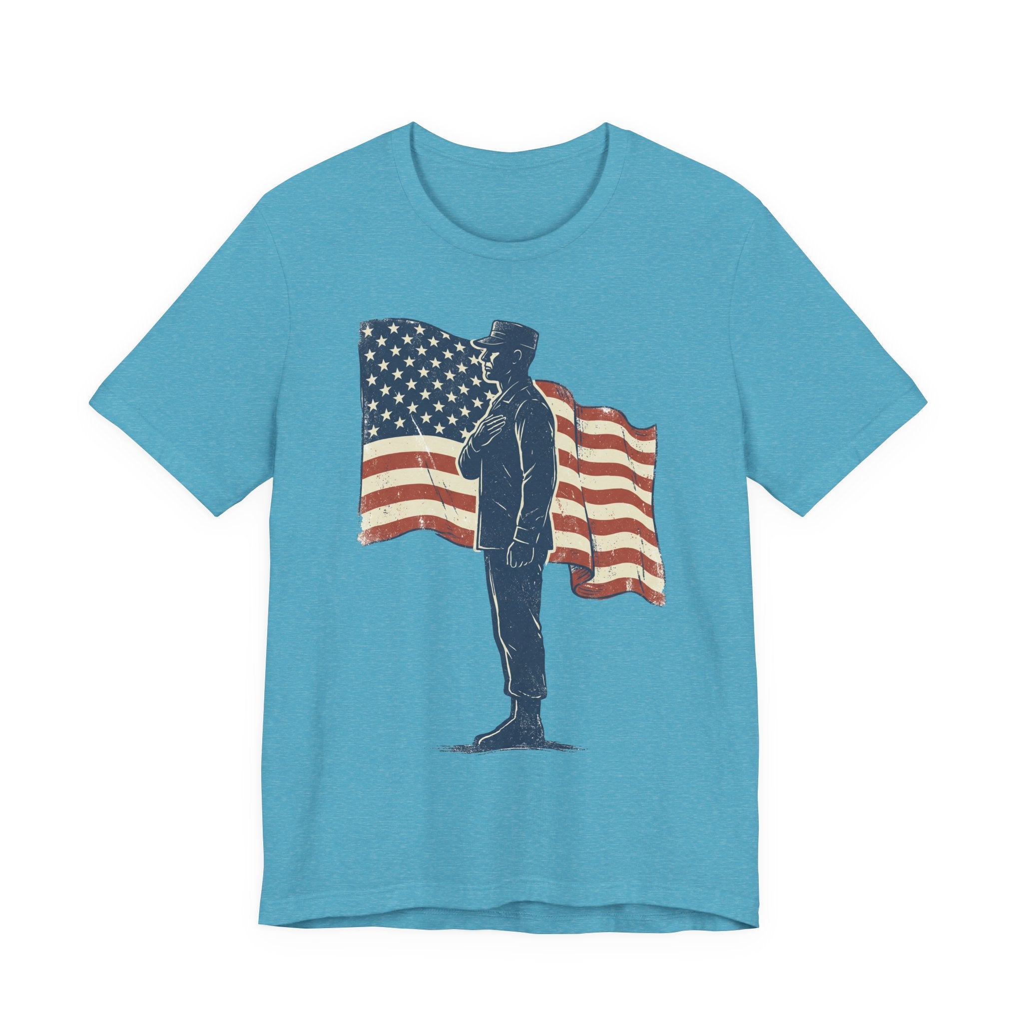 Turquoise crew-neck T-shirt with saluting soldier graphic and American flag print
