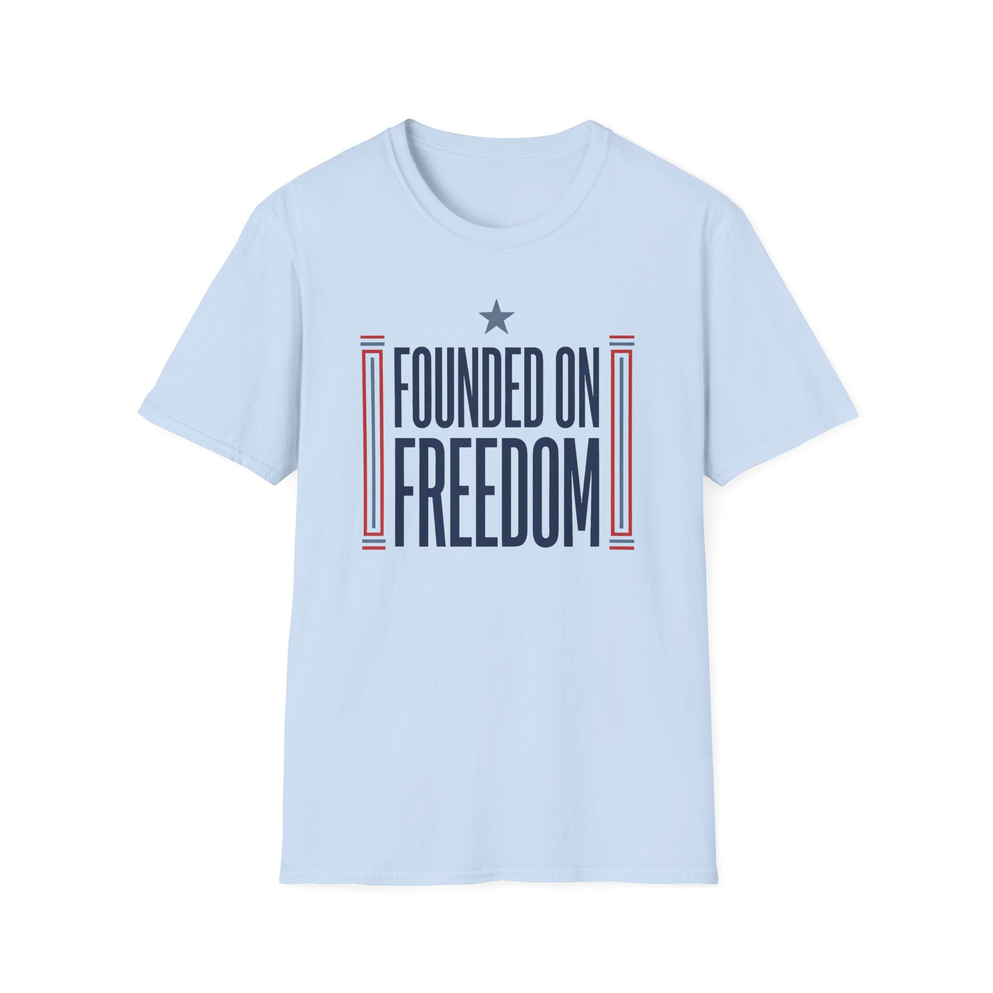 Light blue T-shirt with centered "Founded on Freedom" graphic