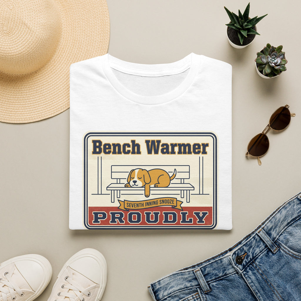 White crew-neck t-shirt with 'Bench Warmer Proudly' dog logo