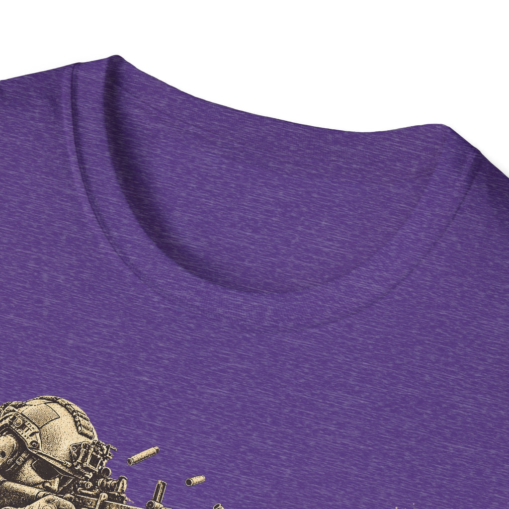 Purple crewneck T-shirt with partial vintage soldier and machine gun graphic near bottom