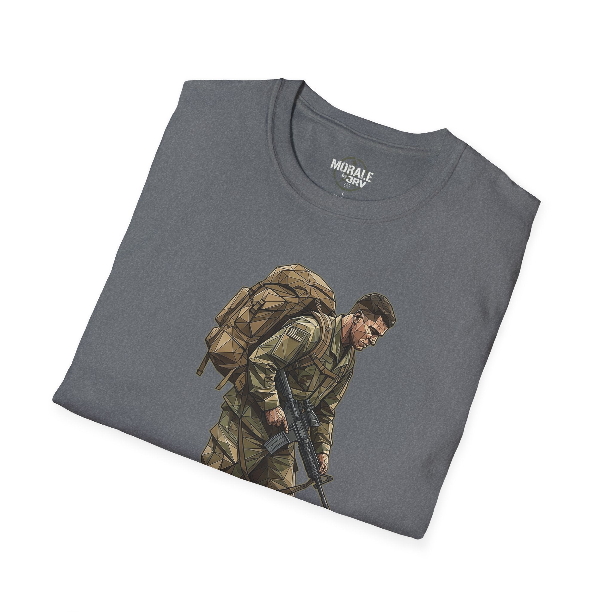 Soldier T-Shirt in graphite heather with polygon soldier graphic and rifle front