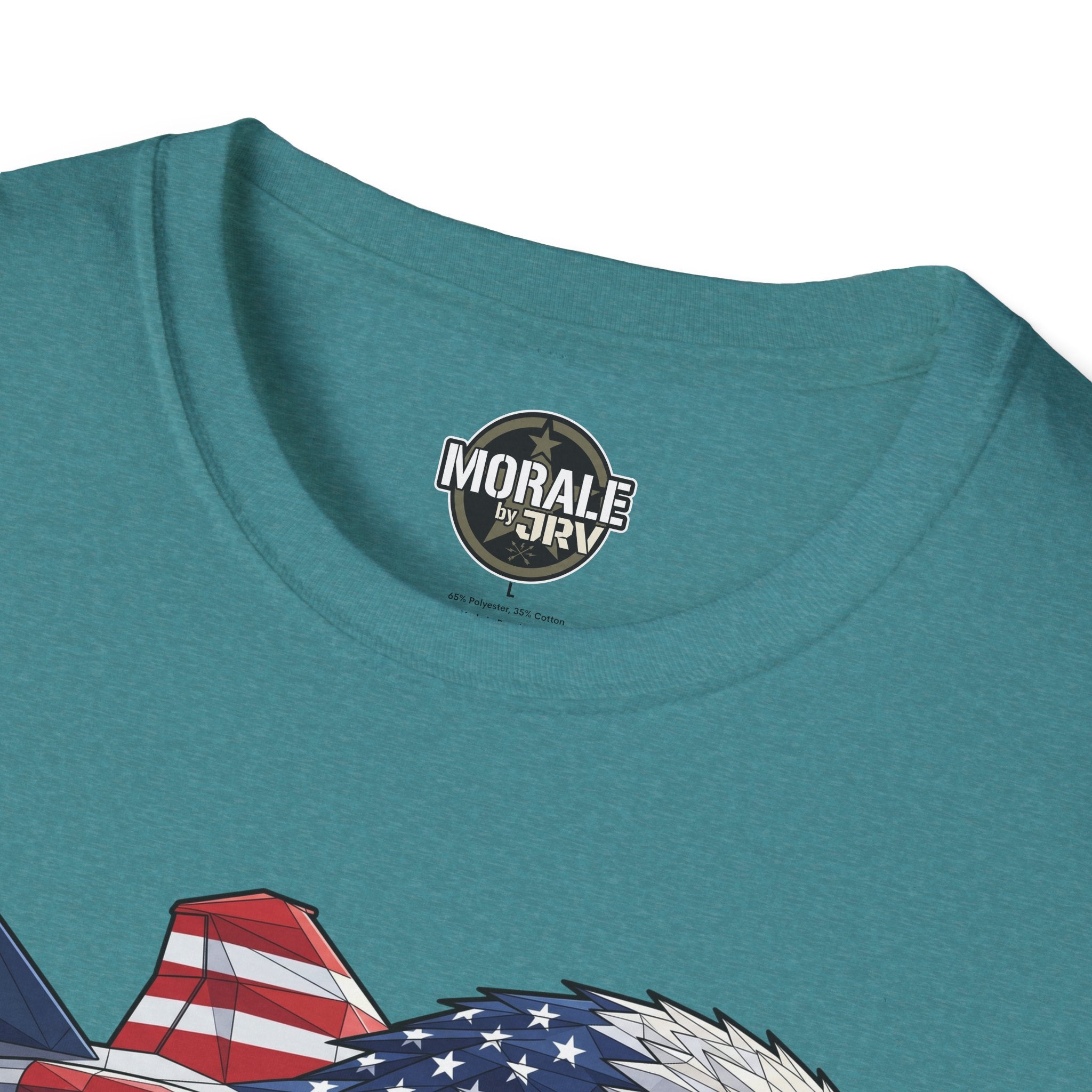 Heather military green T-shirt neckline with small “Morale” logo