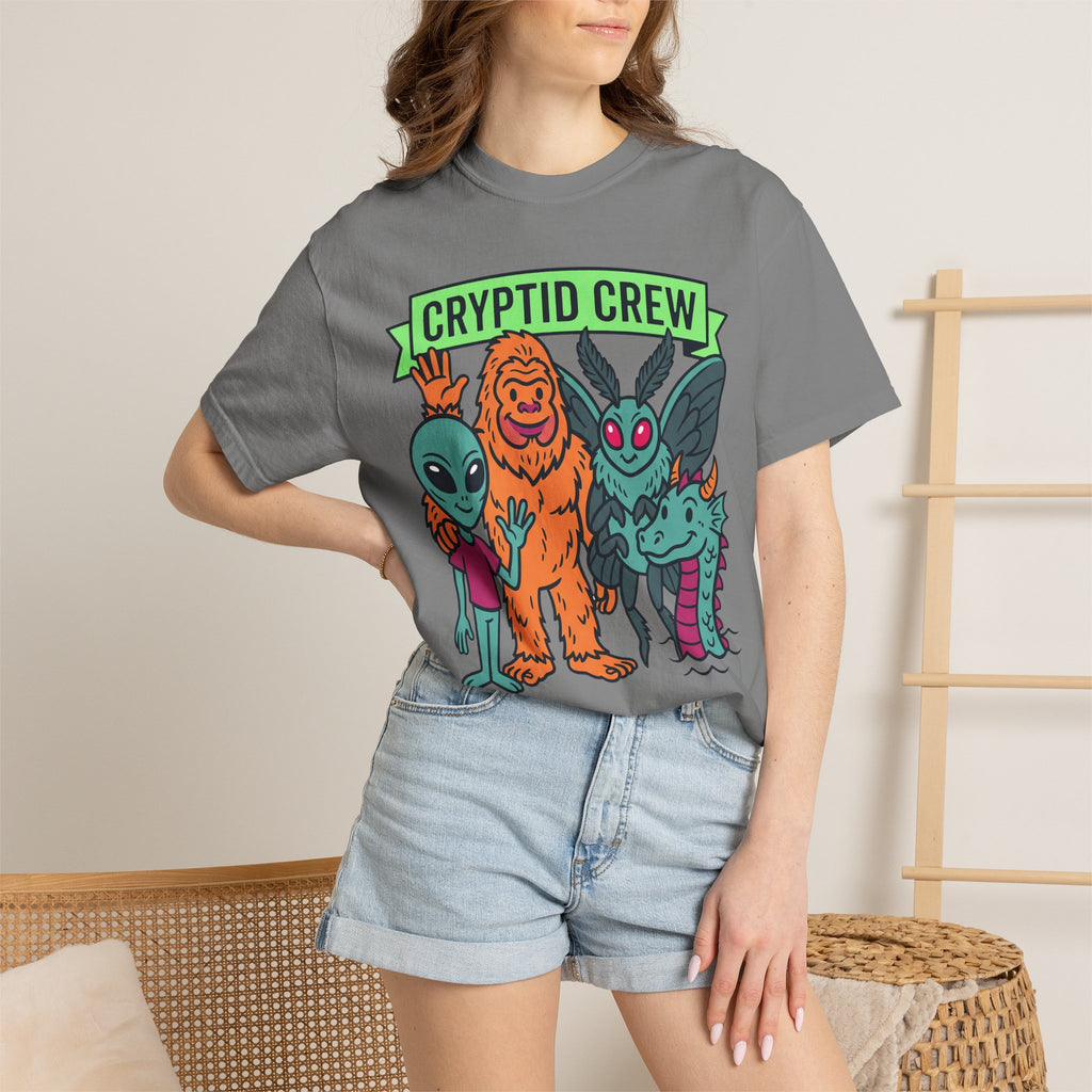 Dark gray crew-neck T-shirt with colorful “Cryptid Crew” graphic of four alien cryptids