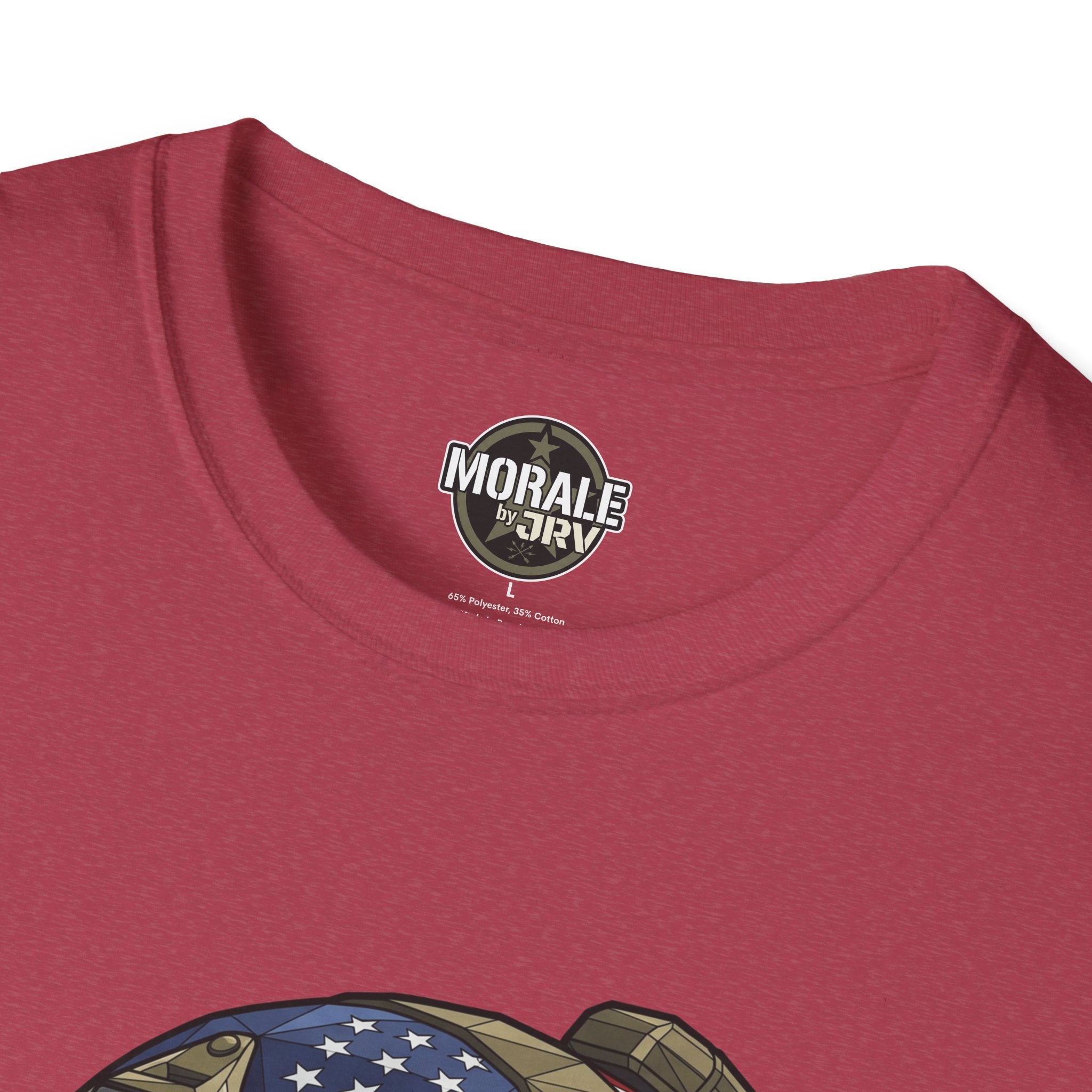 Red crew neck T-shirt with “Morale by DRI” logo at collar