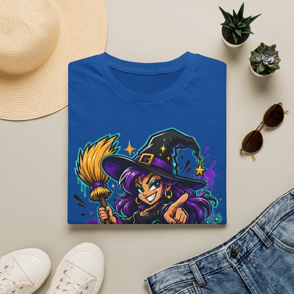Royal blue T-shirt with colorful witch graphic holding a broom, Halloween candy theme