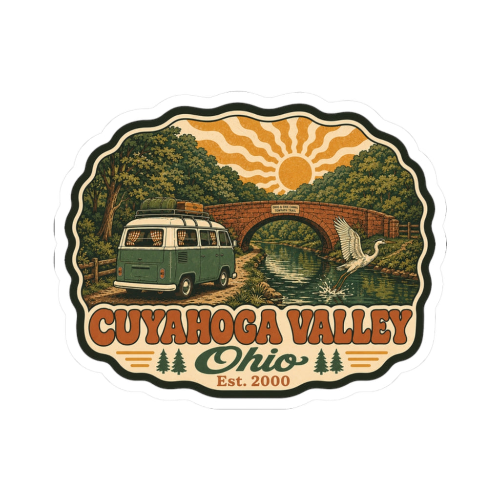 Cuyahoga Valley Ohio kiss-cut sticker design: green van, arch bridge, wildlife, Est. 2000