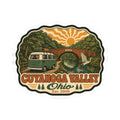 Cuyahoga Valley Ohio kiss-cut sticker design: green van, arch bridge, wildlife, Est. 2000