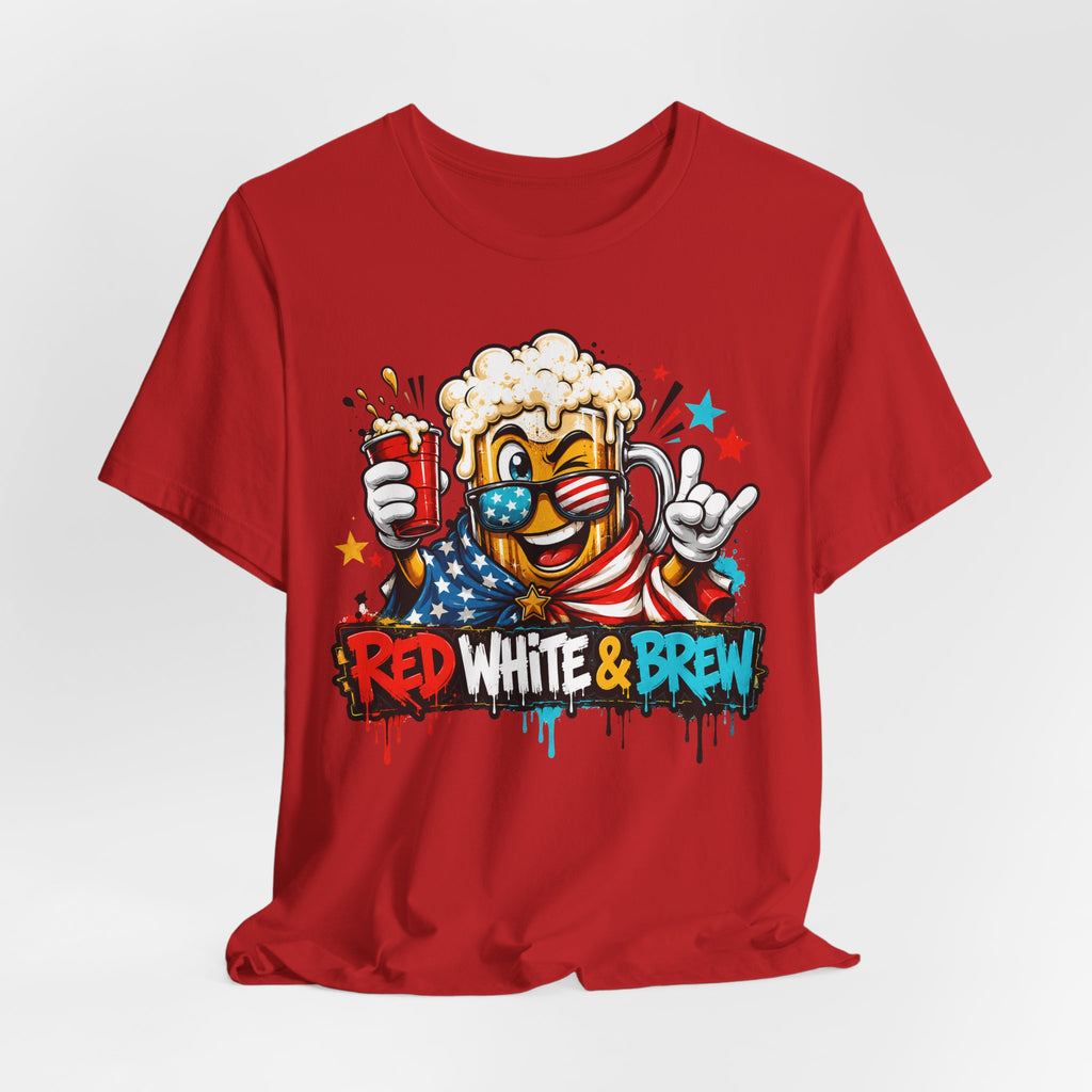 Red crewneck T-shirt with patriotic beer mascot and 'Red White & Brew' front graphic