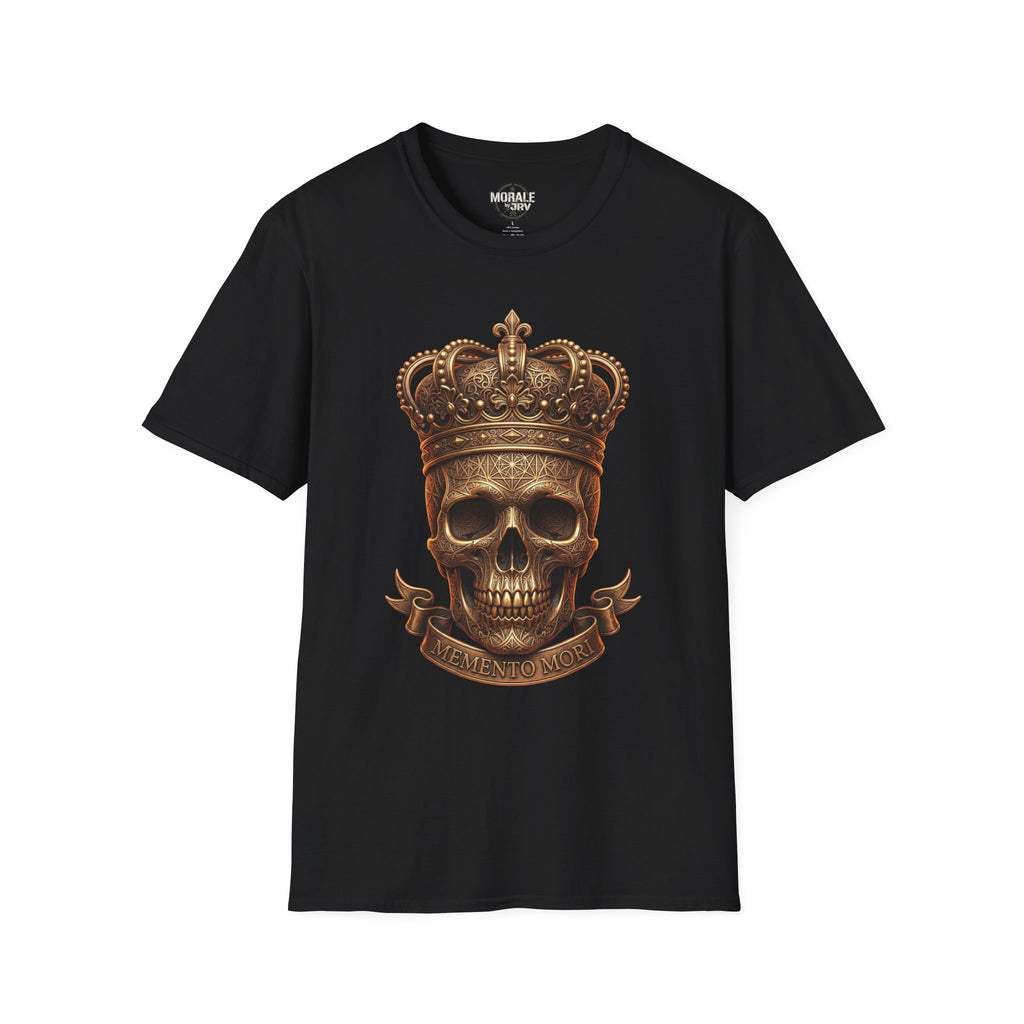 Black Crowned Skull T-Shirt with gold crown skull and ribbon banner