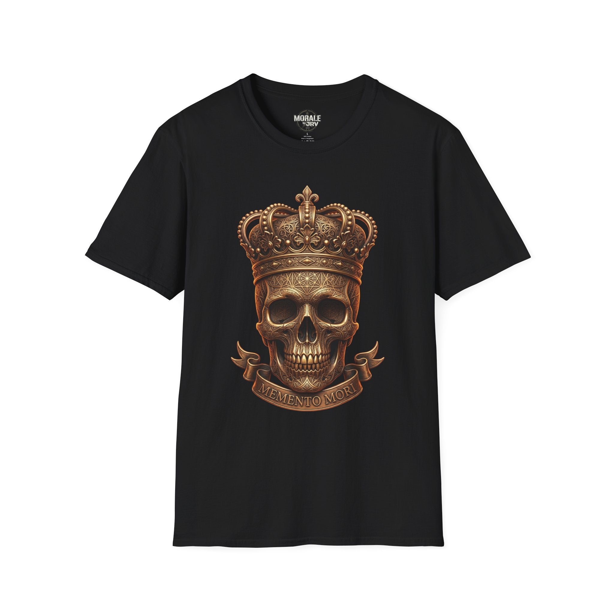 Black Crowned Skull T-Shirt with gold crown skull and ribbon banner