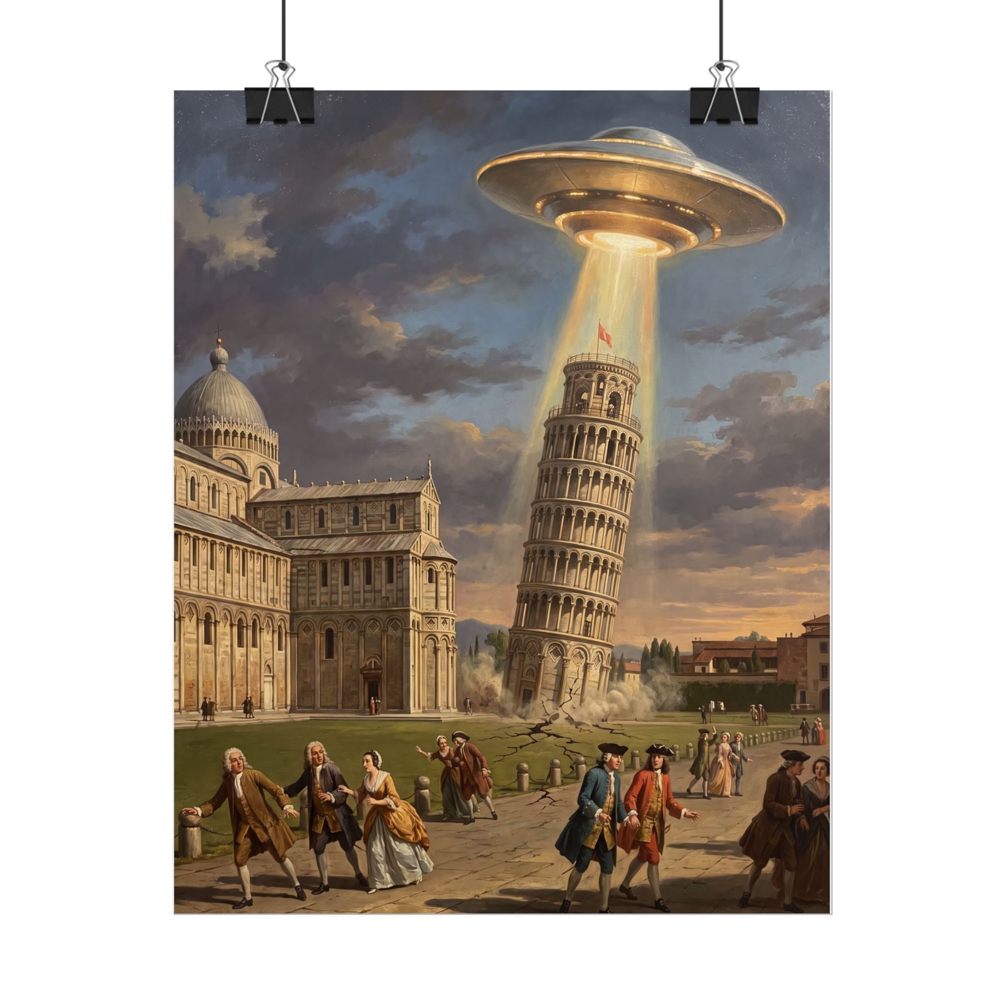 Hanging sci-fi poster with glowing UFO beam above Leaning Tower and walking crowd