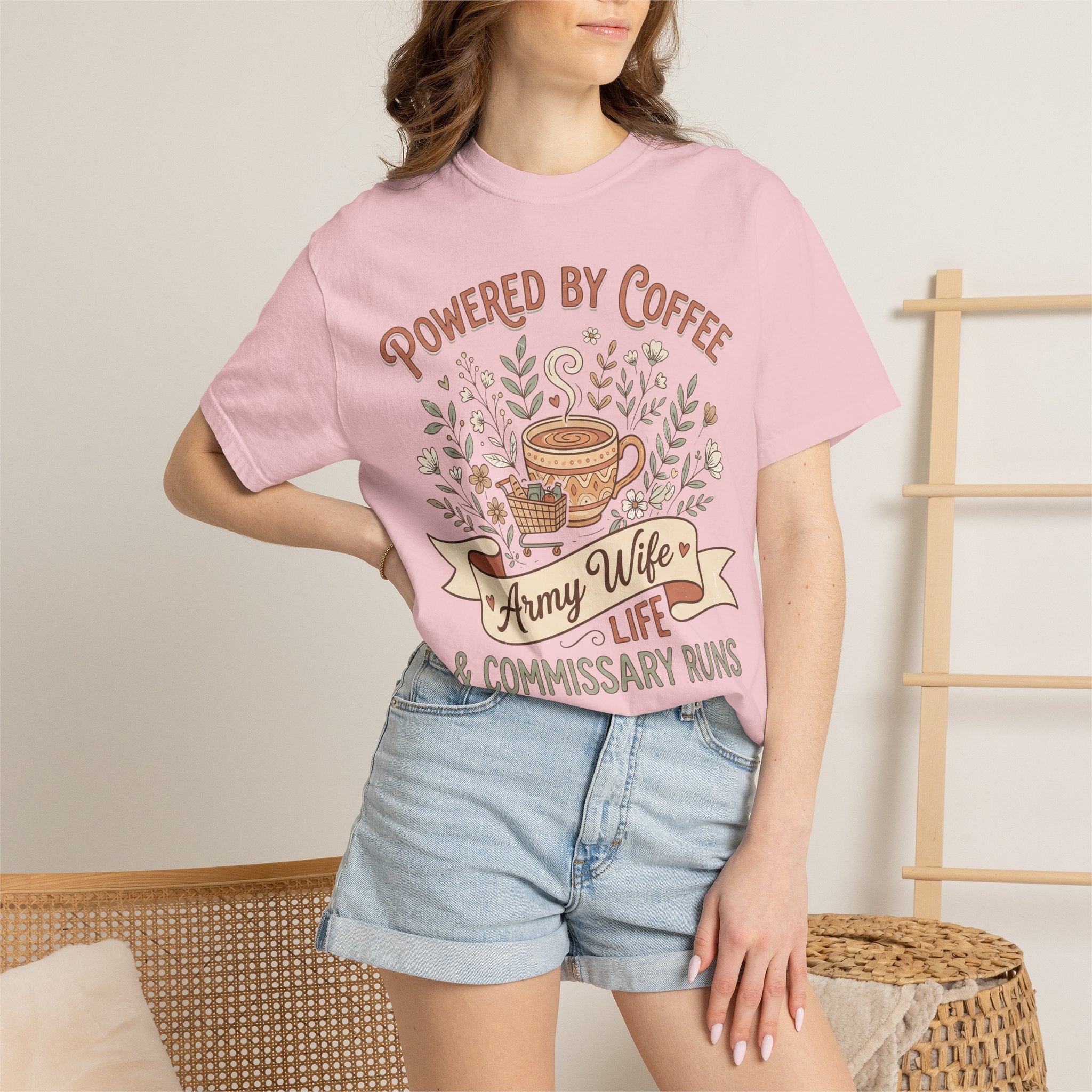 Pink short-sleeve T-shirt with coffee floral slogan graphic
