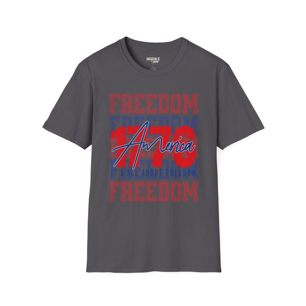 Dark gray Freedom USA graphic T-shirt with red/blue 'America' print
