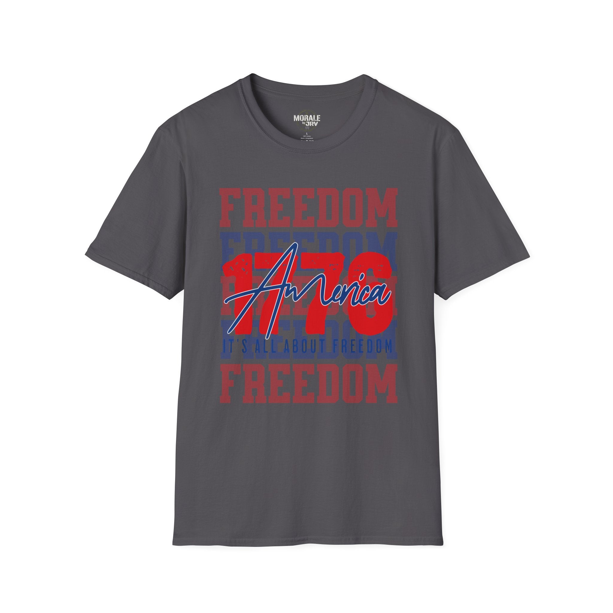 Dark gray Freedom USA graphic T-shirt with red/blue 'America' print