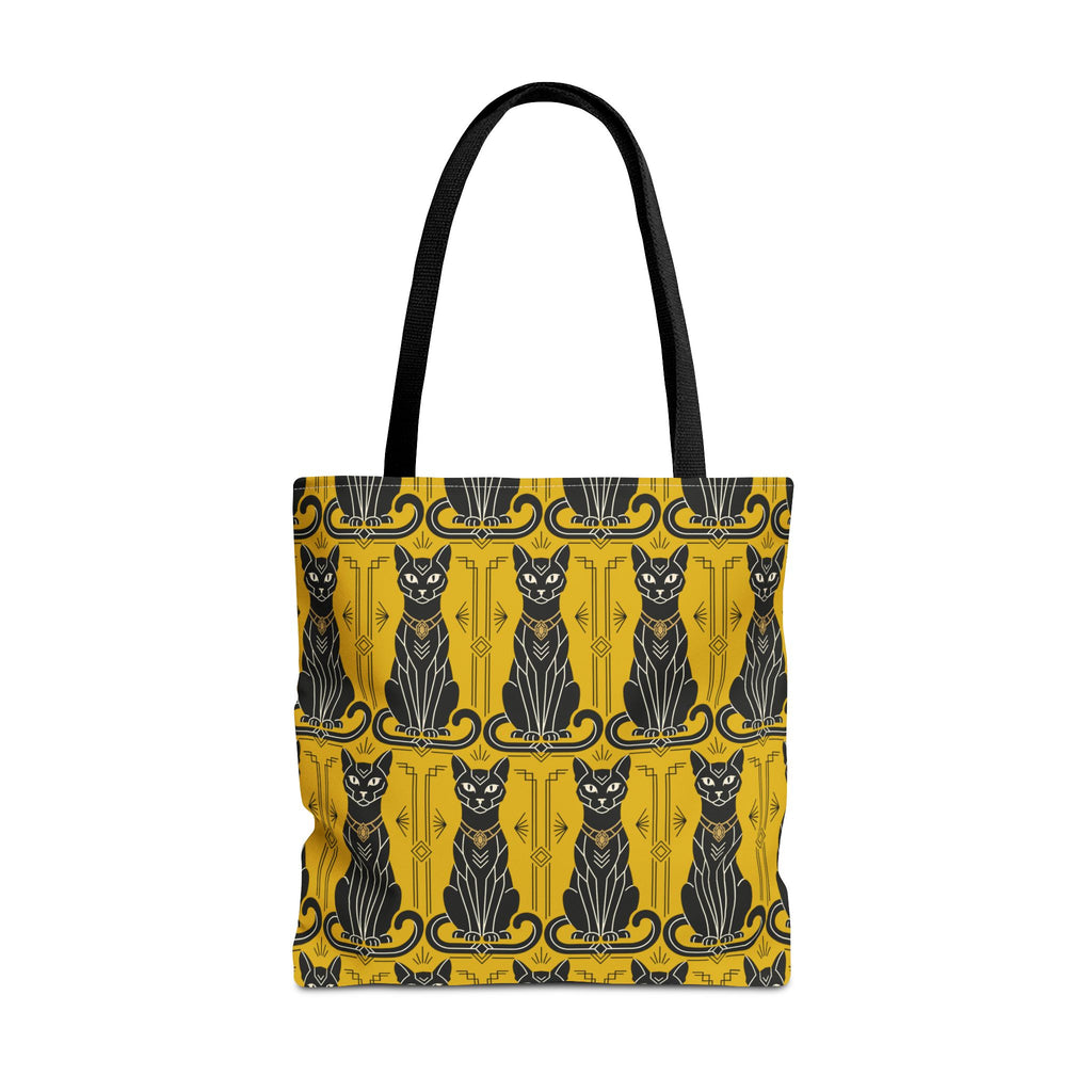 Tote bag with ornate blue frame cats on yellow, black top handles.