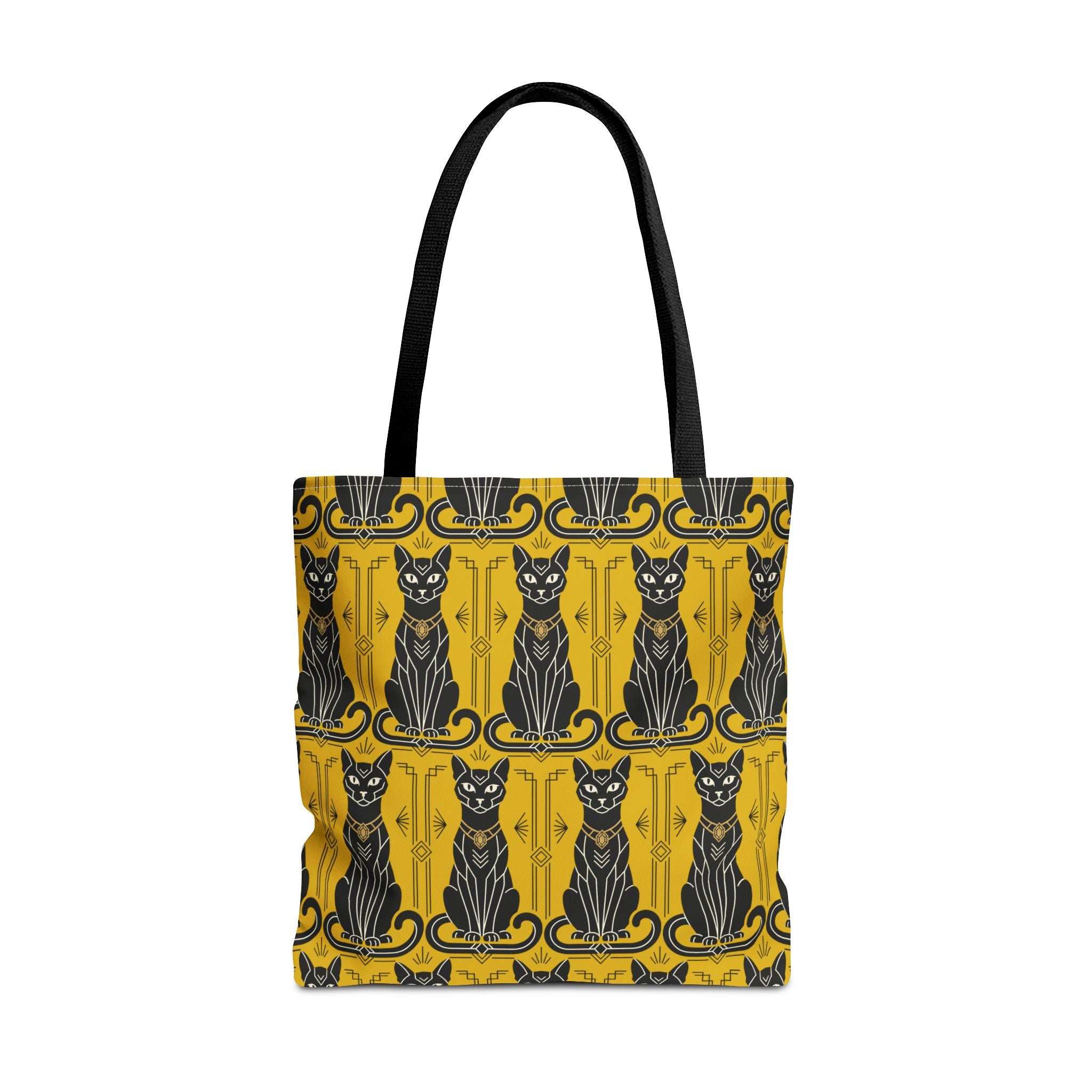 Tote bag with ornate blue frame cats on yellow, black top handles.