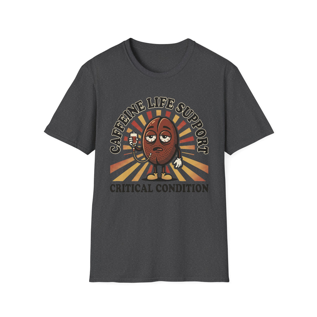 Dark heather T-shirt with coffee bean cartoon and “CRITICAL CONDITION” graphic