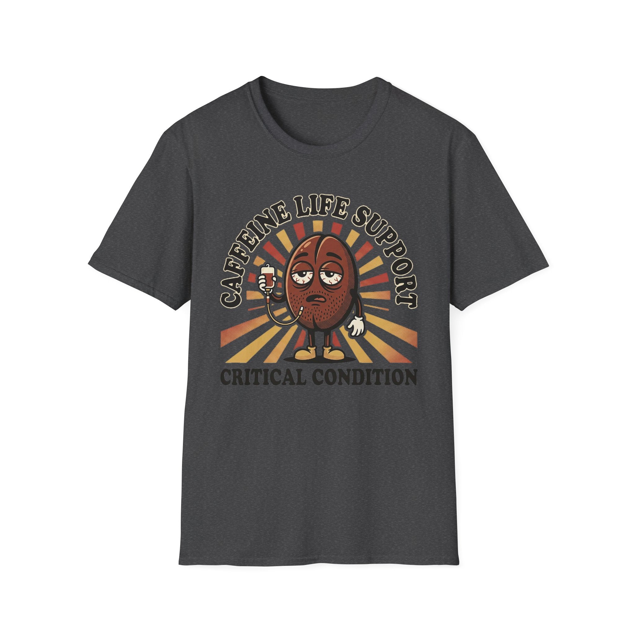 Dark heather T-shirt with coffee bean cartoon and “CRITICAL CONDITION” graphic