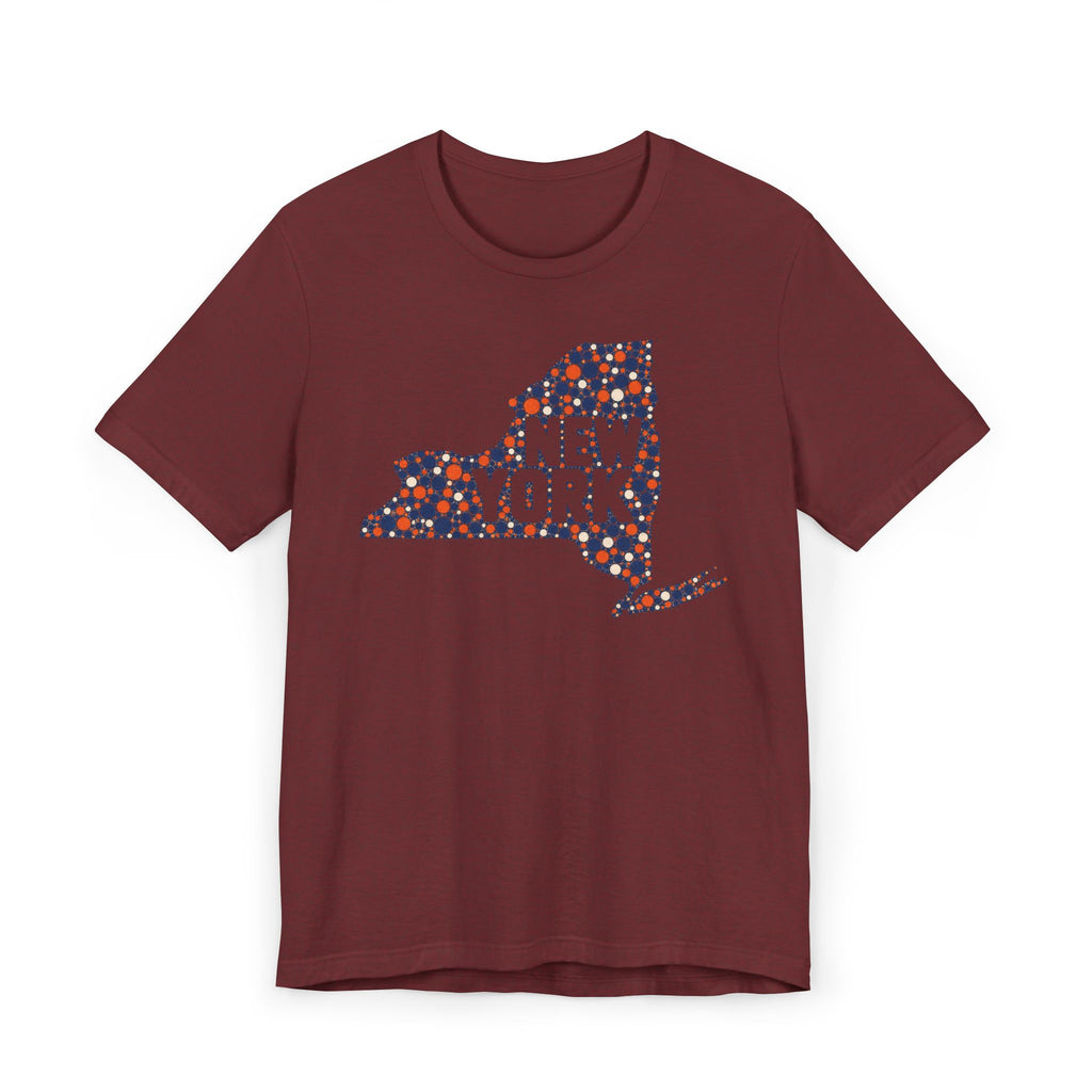 Dark red T-shirt with colorful dotted New York state outline graphic print