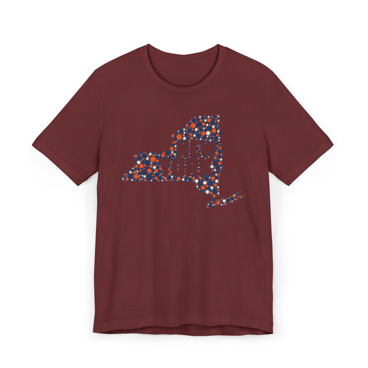 Dark red T-shirt with colorful dotted New York state outline graphic print