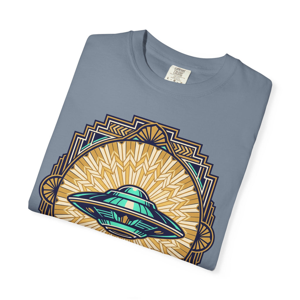 Blue T-shirt with retro UFO graphic inside sunburst emblem