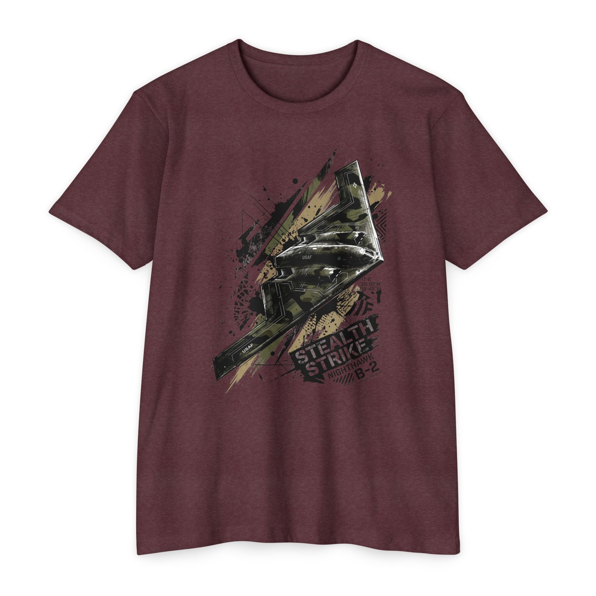 Maroon bomber T-shirt with B-2 aircraft graphic on front