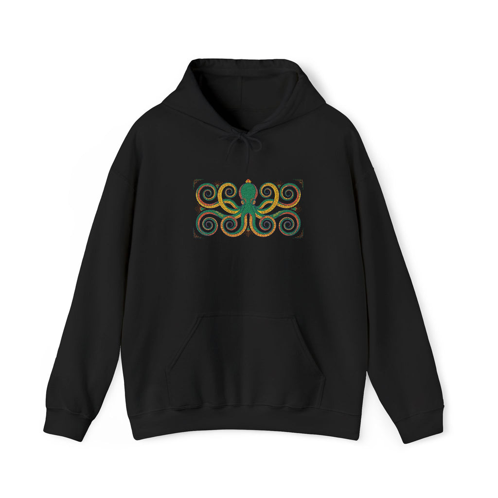 Black pullover hoodie with hood, drawstrings, kangaroo pocket, octopus swirl graphic
