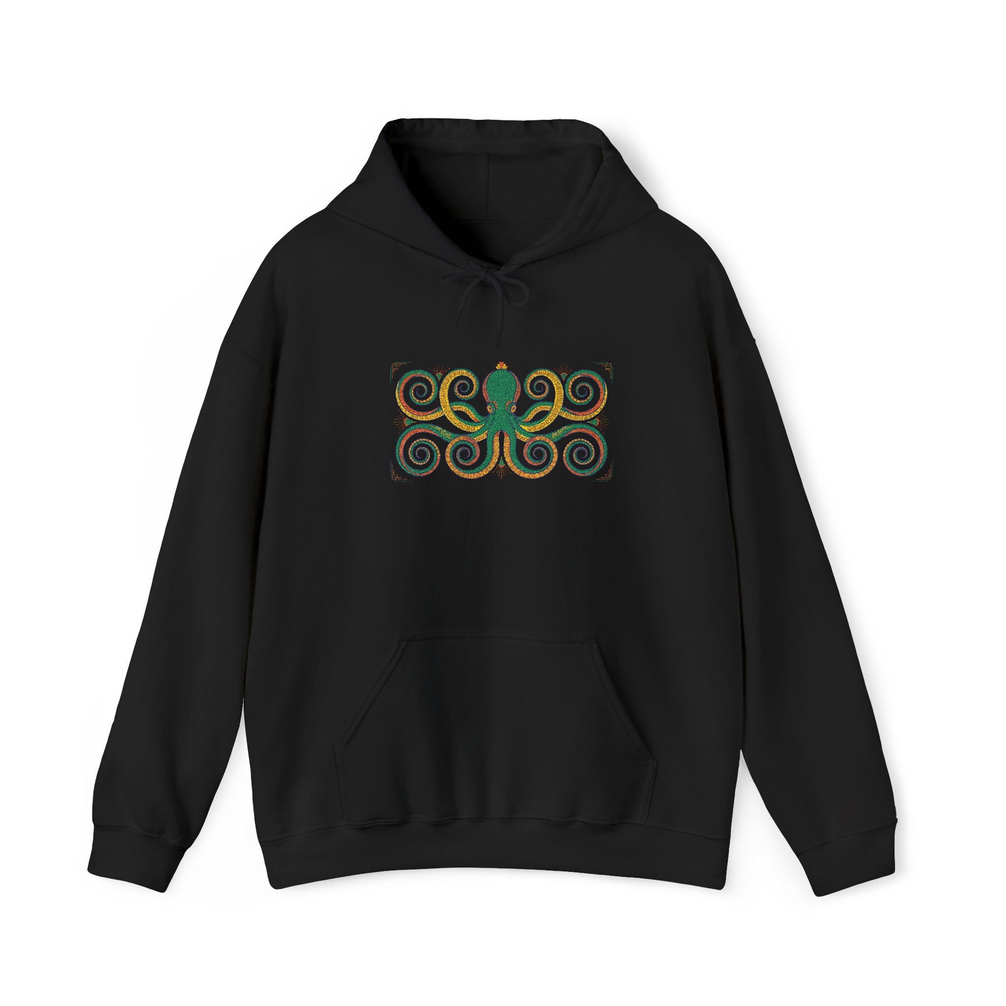 Black pullover hoodie with hood, drawstrings, kangaroo pocket, octopus swirl graphic