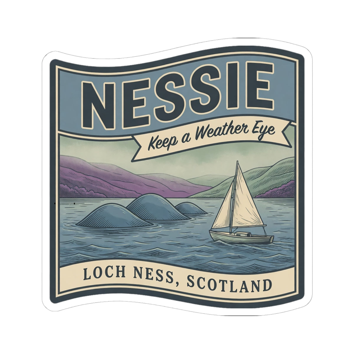 Loch Ness Scotland square sticker featuring Nessie, sailboat, and text banner design