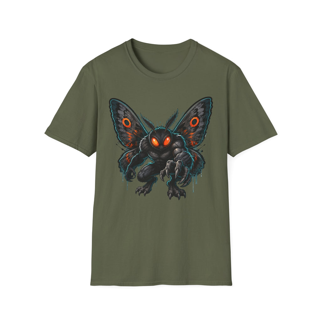 Olive green crewneck T-shirt with glowing-eyed moth monster front graphic