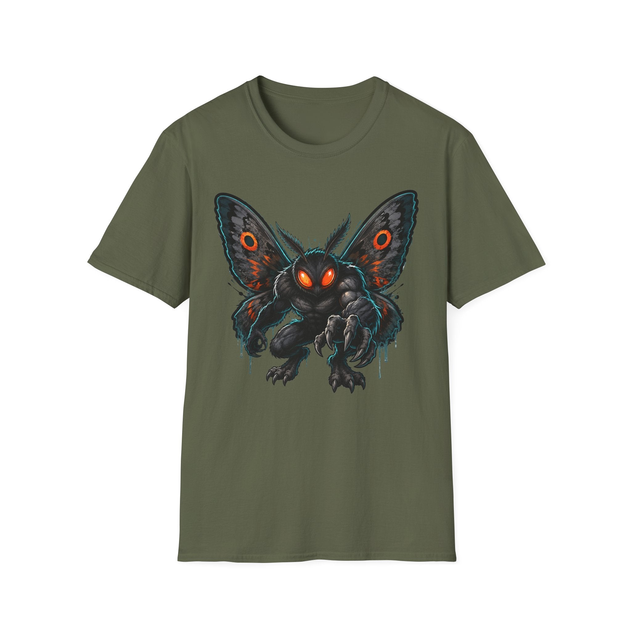 Olive green crewneck T-shirt with glowing-eyed moth monster front graphic