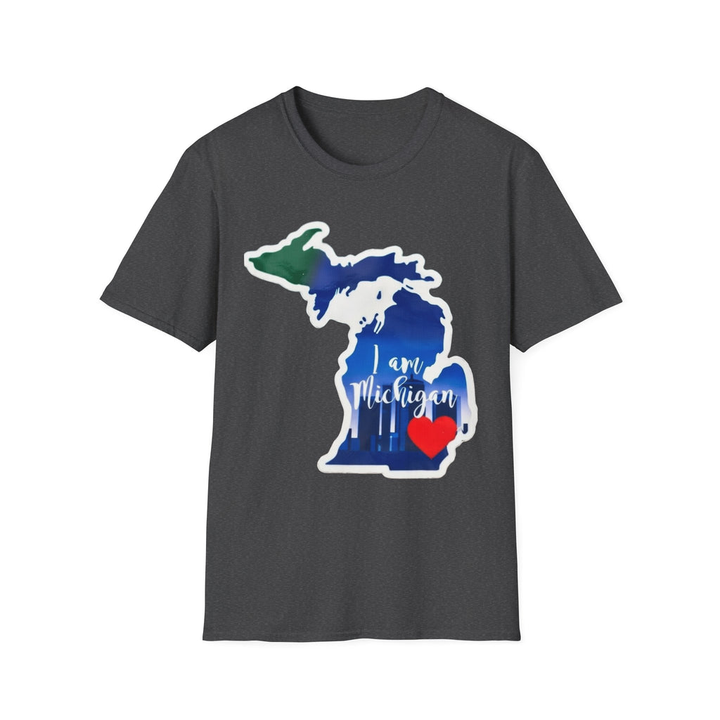Dark gray Michigan map T-shirt with blue state graphic, red heart, and “I am Michigan”