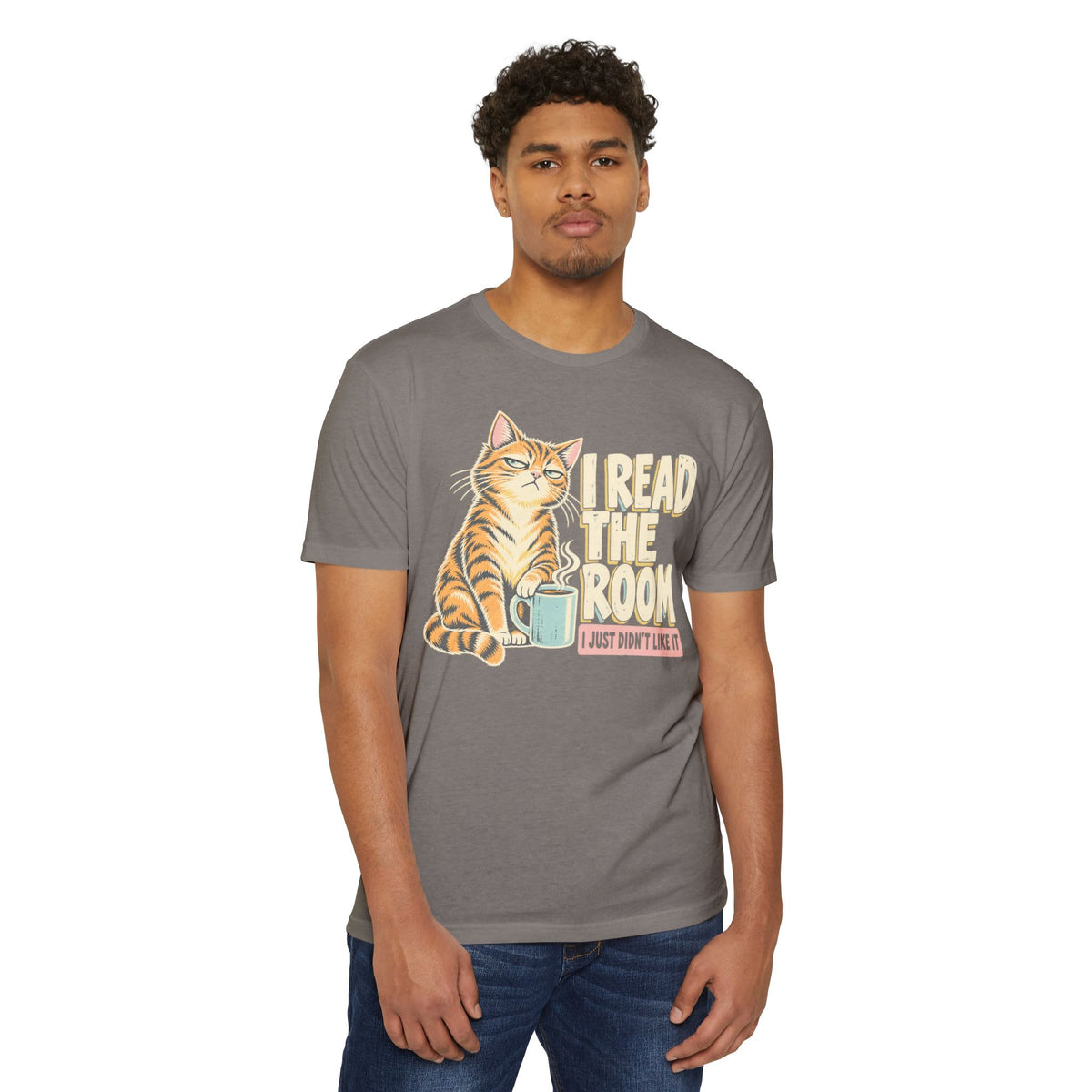 Gray cat lover T-shirt with orange kitten and "I Read the Room" print