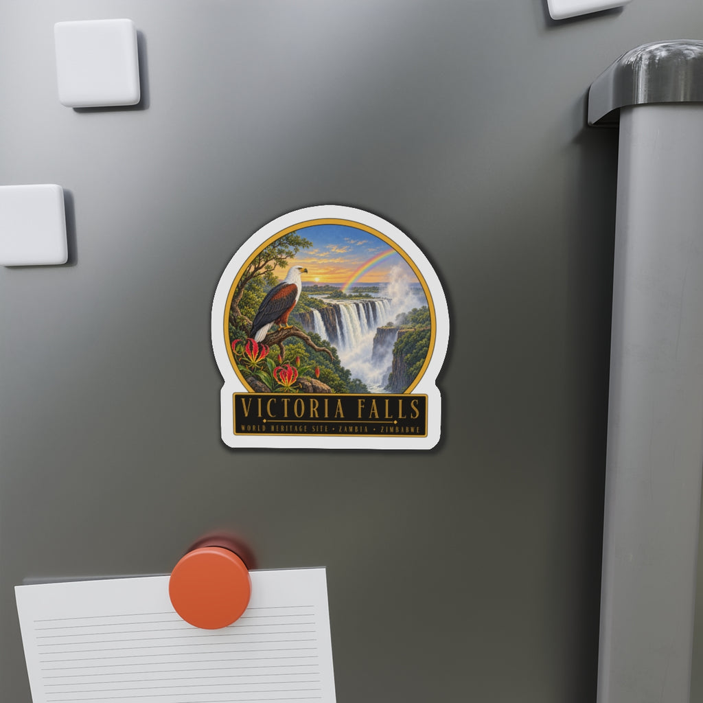 Die-cut vinyl fridge magnet centered on refrigerator, Victoria Falls waterfall artwork with bird