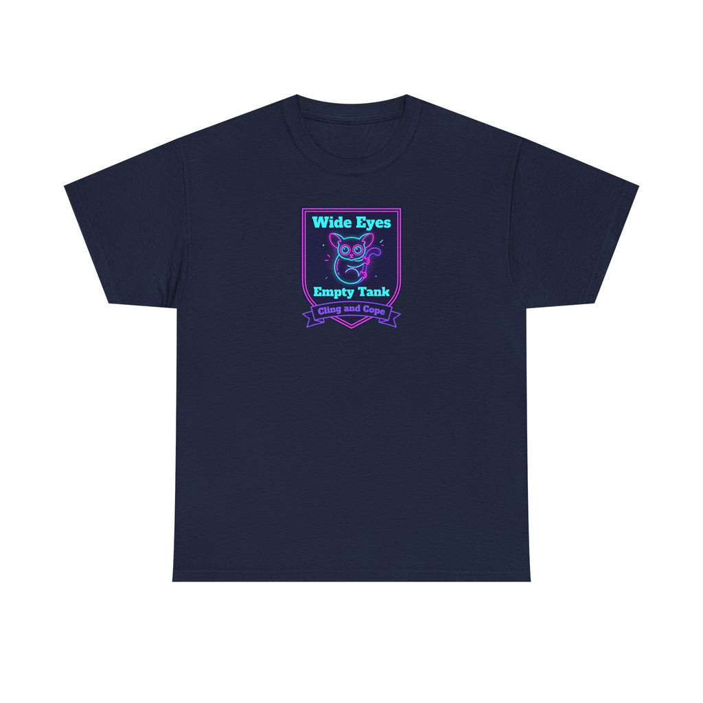 Navy crewneck T-shirt with neon purple and teal owl badge logo on chest