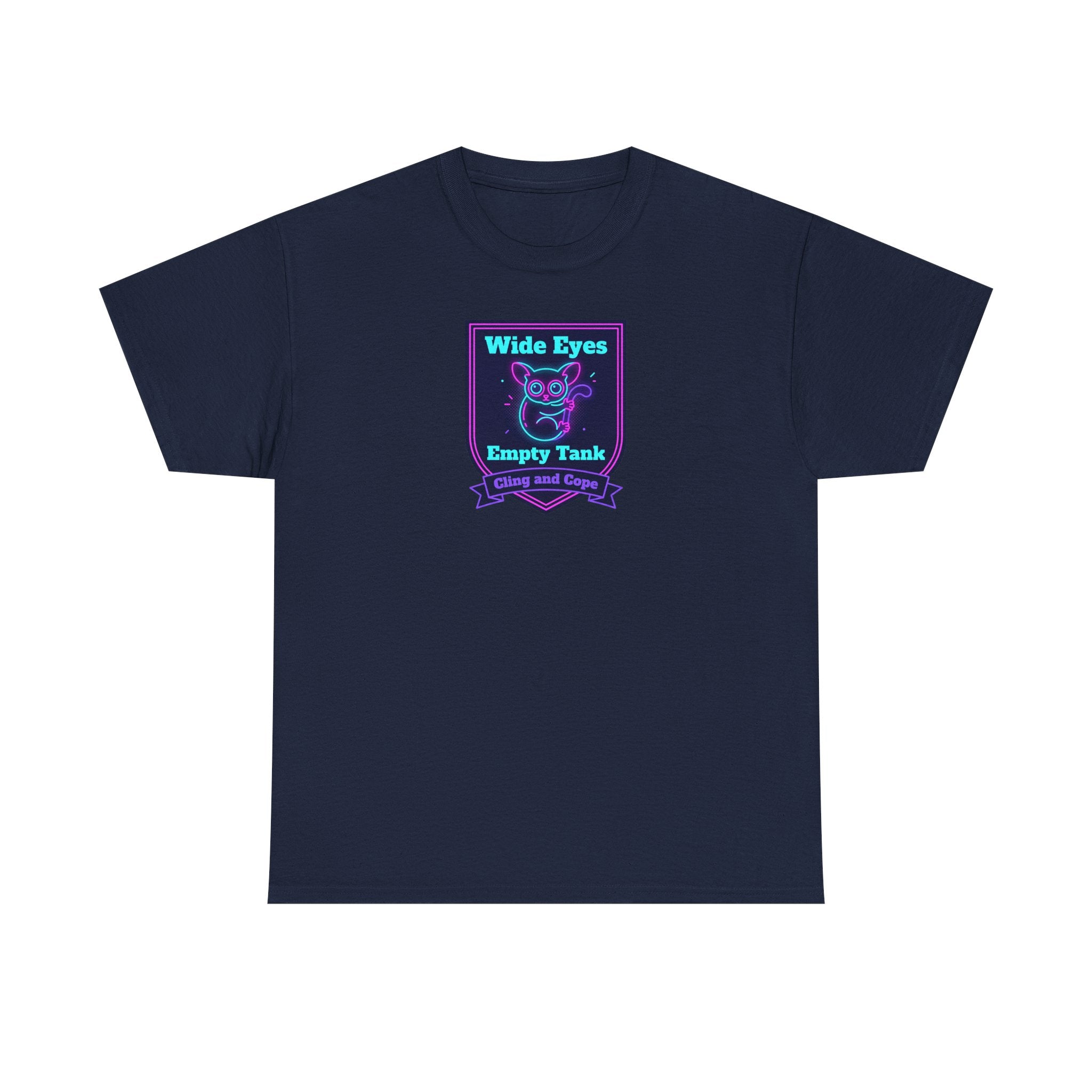 Navy crewneck T-shirt with neon purple and teal owl badge logo on chest