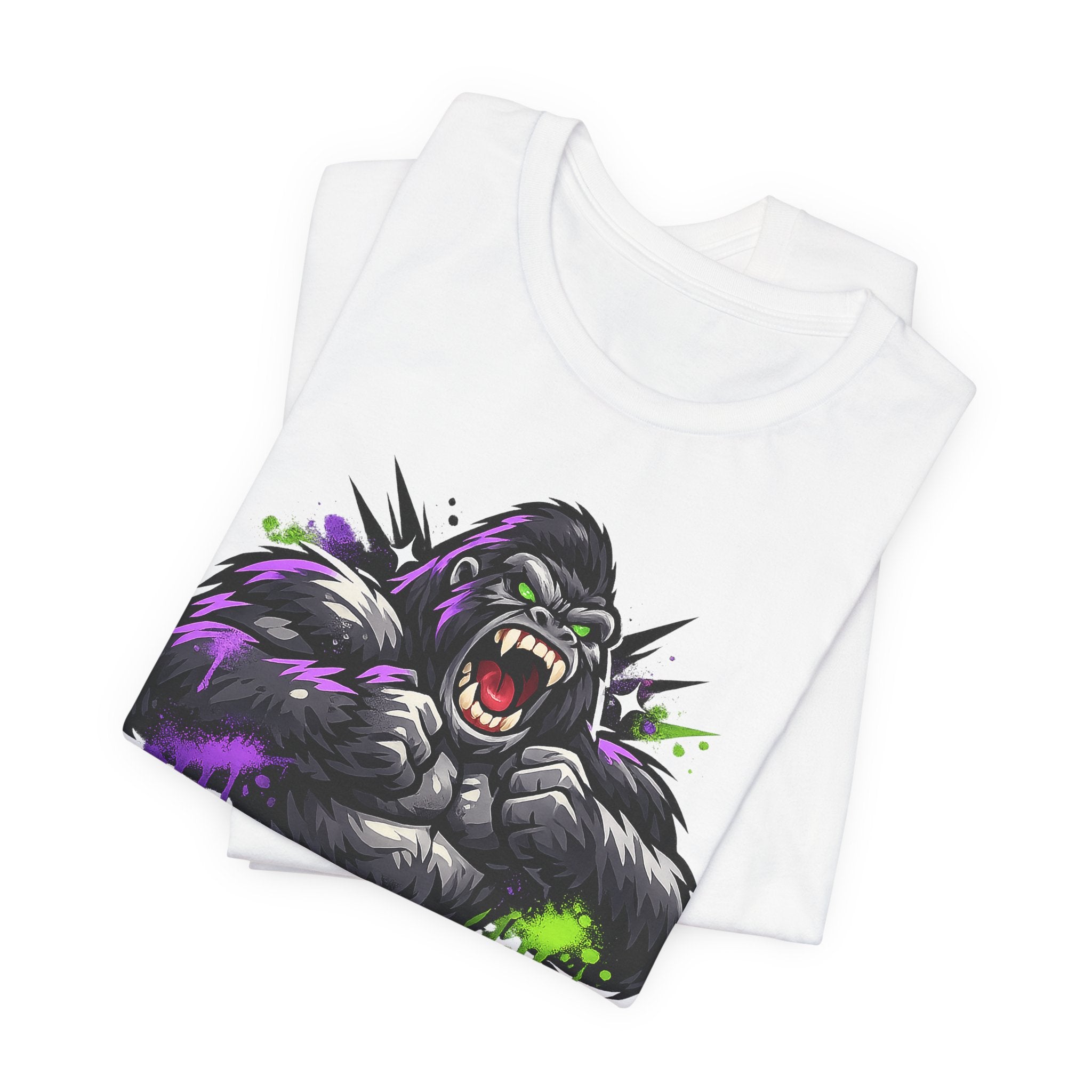 White graphic gorilla roaring face T-shirt with purple and green neon splatter