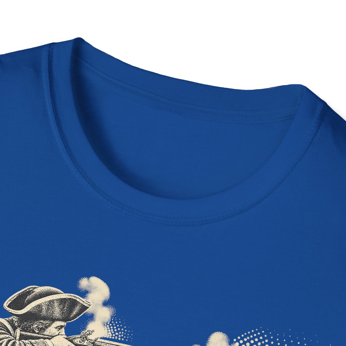 Dark blue crewneck T-shirt with front graphic of a colonial figure aiming a musket