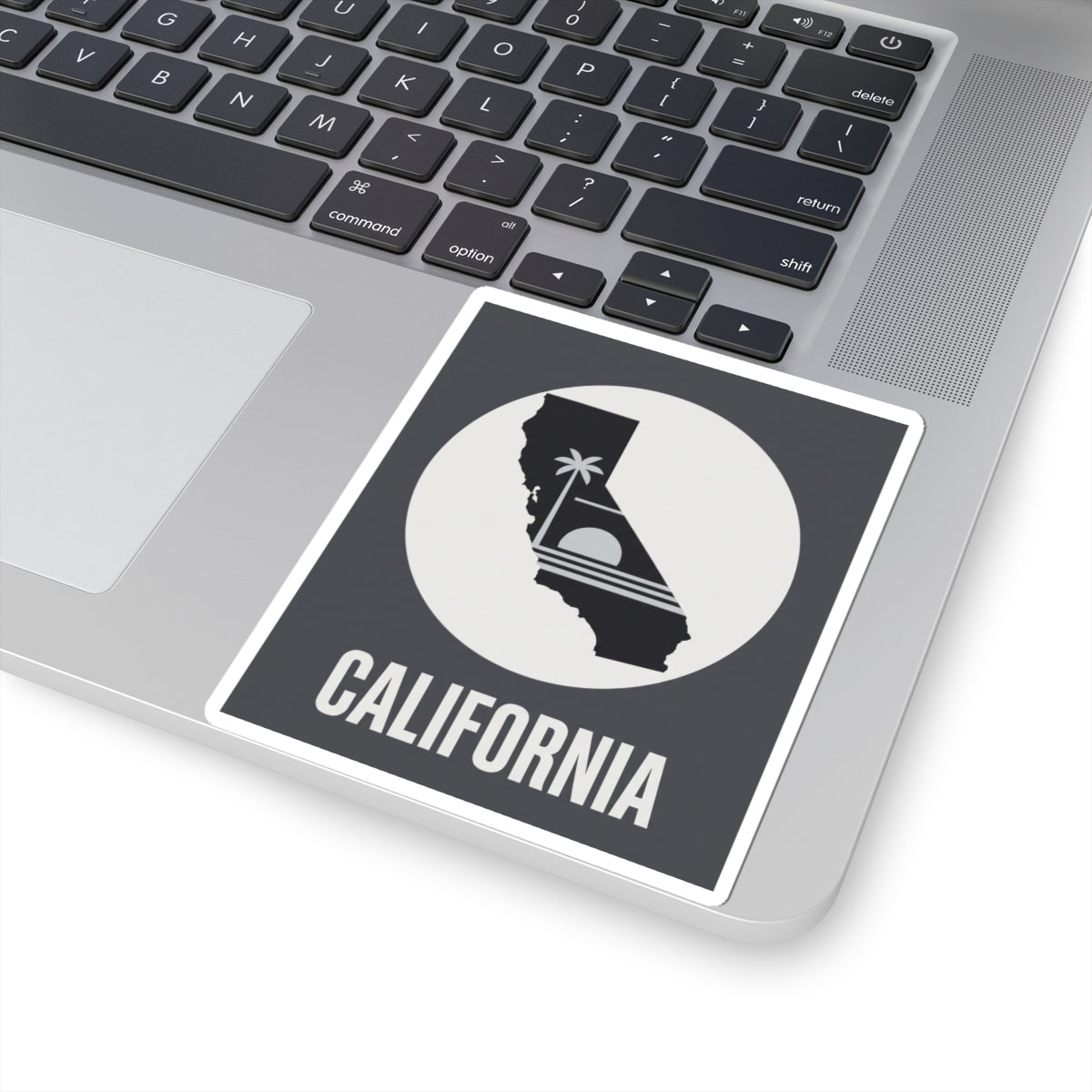 California state silhouette sticker with palm tree icon and CALIFORNIA text on laptop, angled