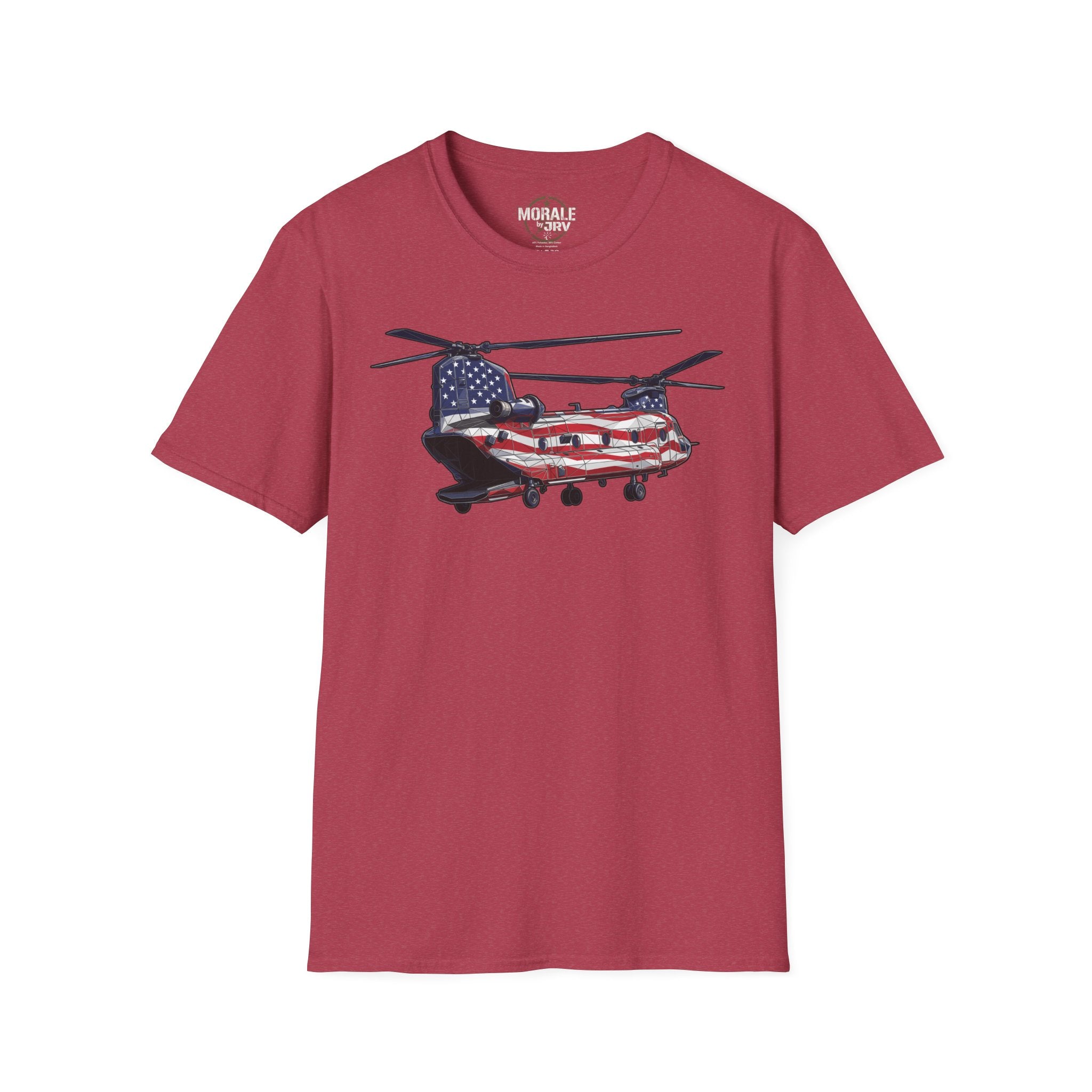 American Flag CH-47 Chinook T-shirt in burgundy with red, white and blue helicopter graphic